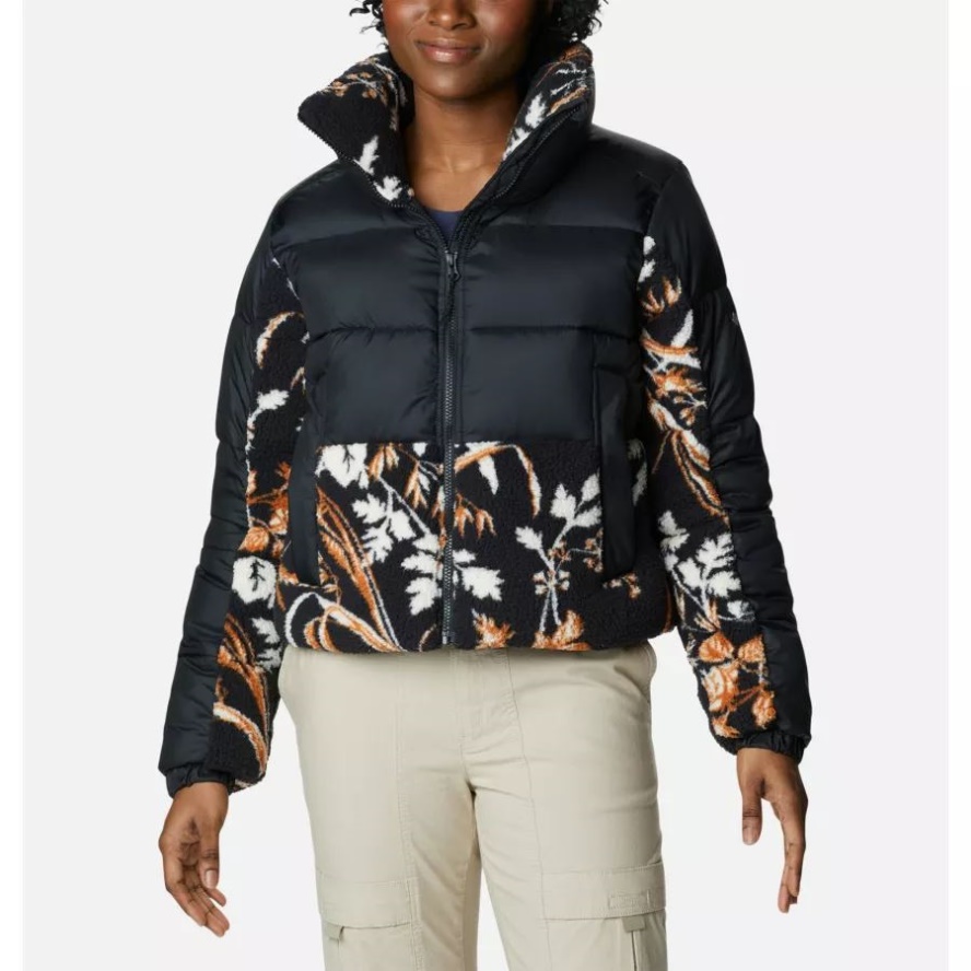 Black/Black Fallgrass Print Women's Leadbetter Point Sherpa Hybrid Puffer Jacket Columbia Sale