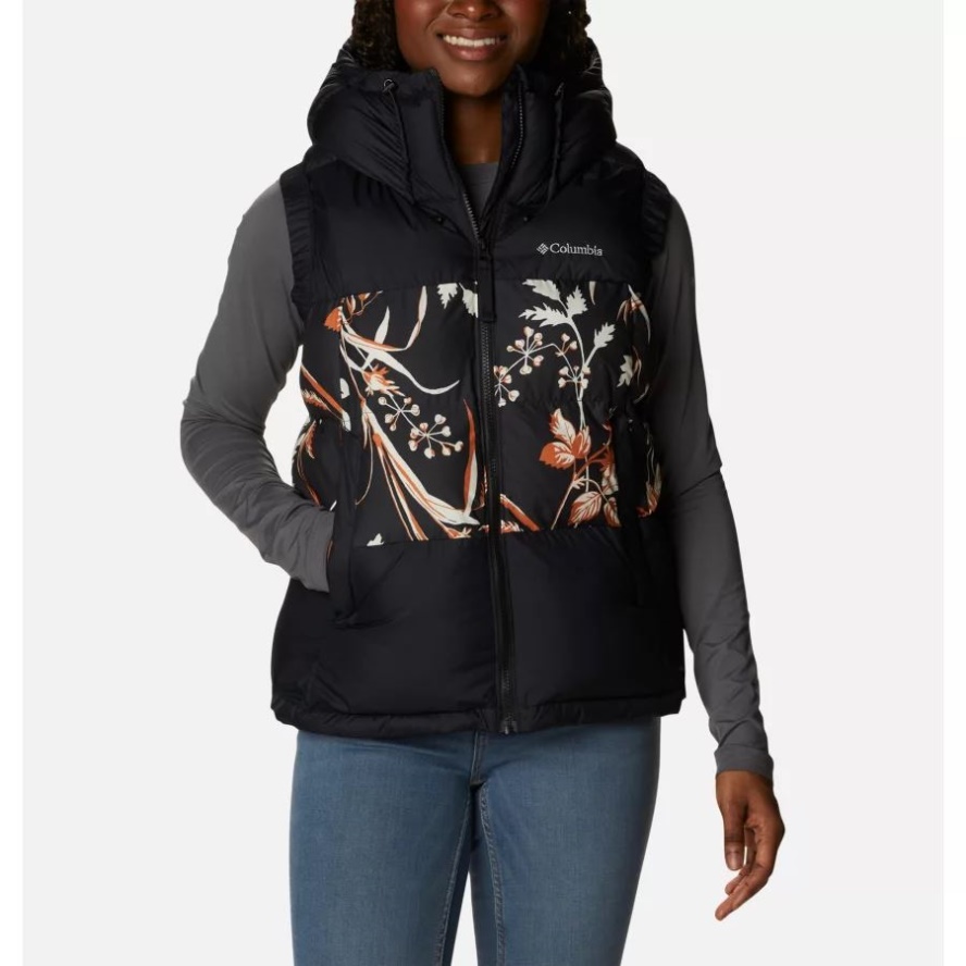 Black/Black Fallgrass Print Women's Pike Lake II Hooded Insulated Puffer Vest Columbia Sale