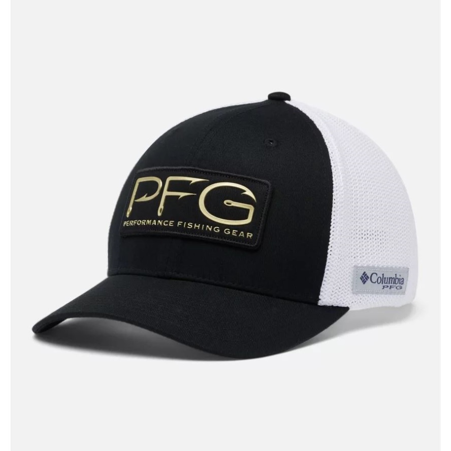 Black/Gold Columbia Sale PFG Hooks Mesh Ball Cap High Crown