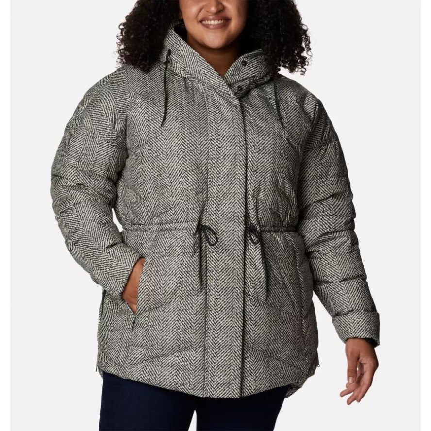 Black Herringbone Print Women's Icy Heights II Down Novelty Jacket Plus Size Columbia Sale