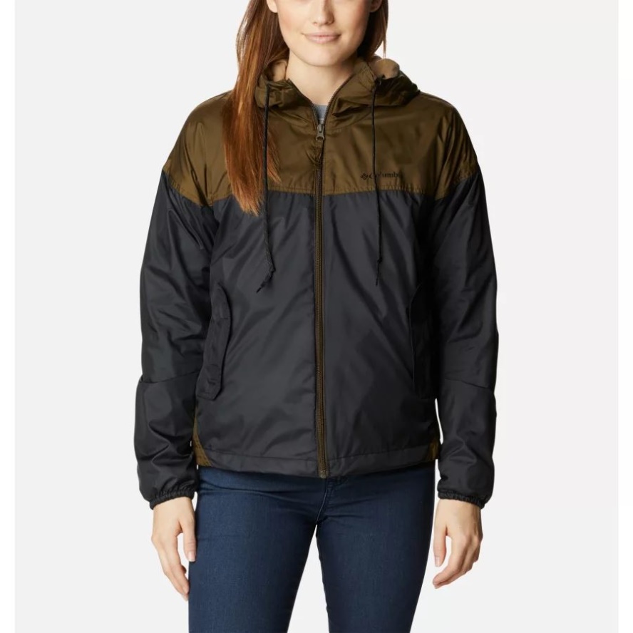 Black/Olive Green Women's Flash Challenger Fleece Lined Windbreaker Jacket Columbia Sale