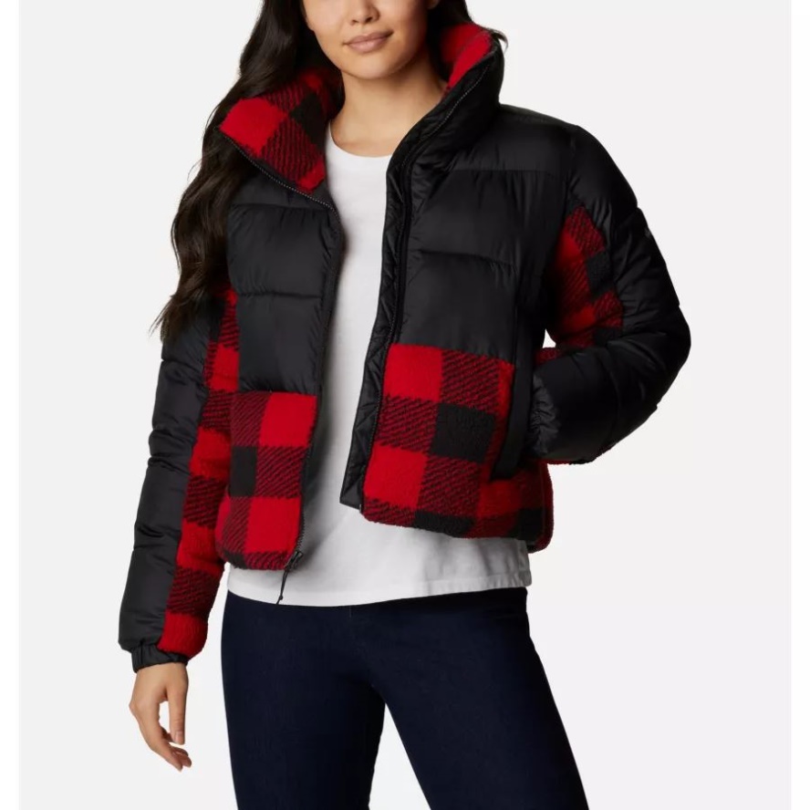 Black/Red Buffalo Plaid Print Columbia Sale Women's Leadbetter Point Sherpa Hybrid Puffer Jacket
