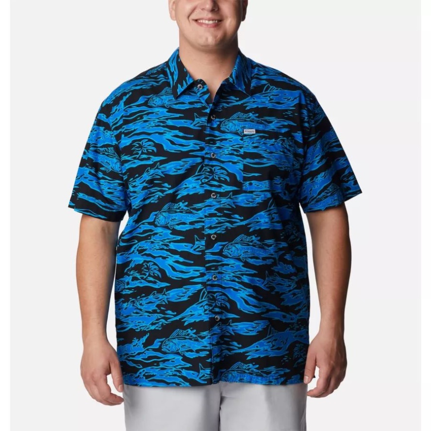 Black Rough Waves Print Columbia Sale Men's PFG Trollers Best Short Sleeve Shirt Big