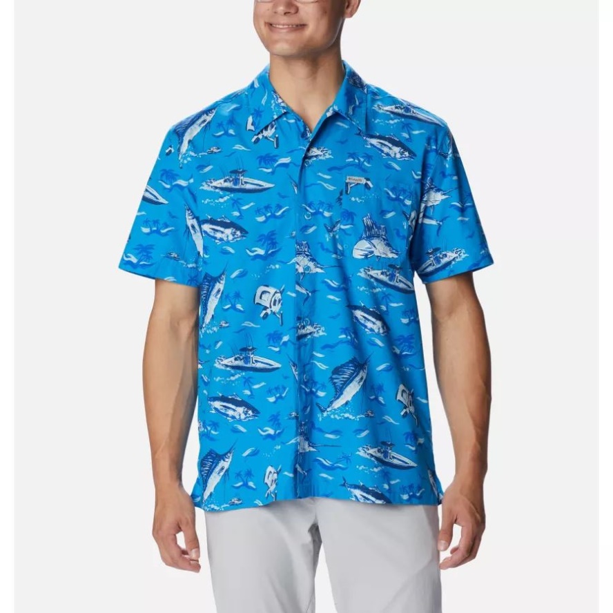 Blue Macaw Reel Dreamz Print Men's PFG Trollers Best Short Sleeve Shirt Columbia Sale