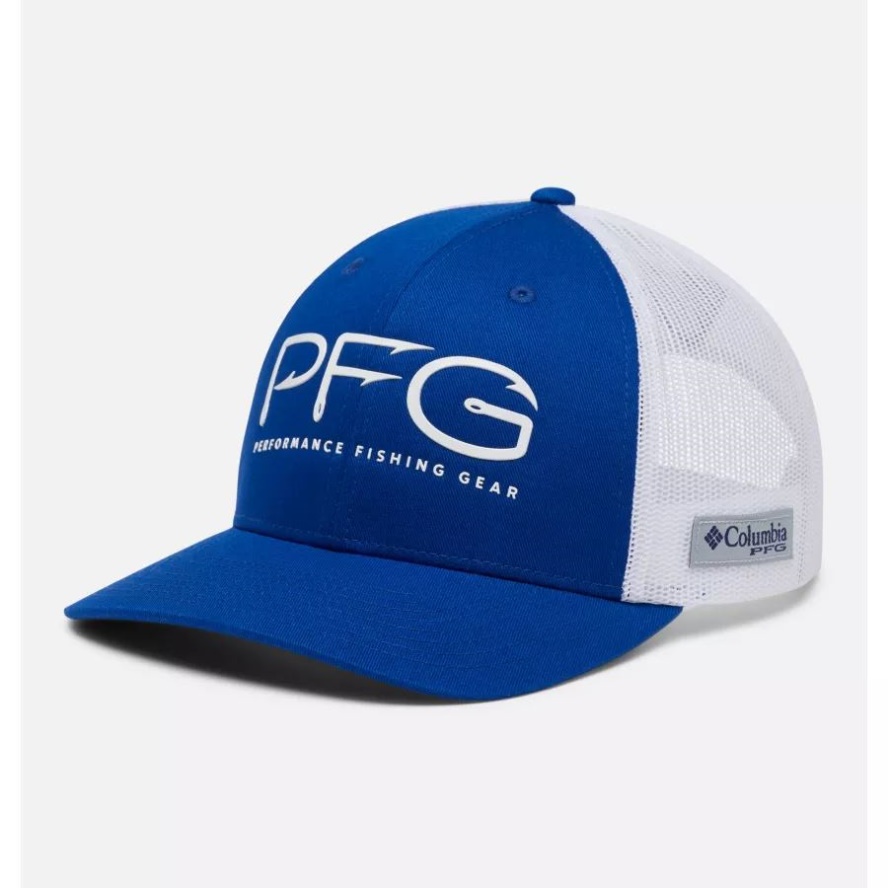 Blue Macaw/White Columbia Sale PFG Mesh Snap Back Hooks Ball Cap High Crown