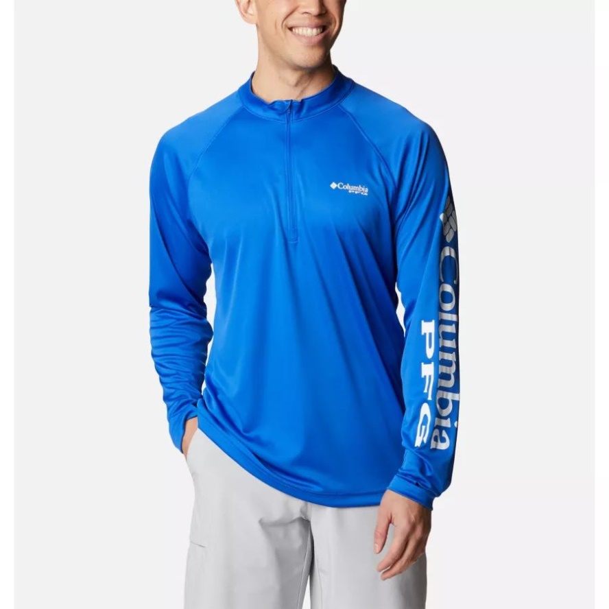 Blue Macaw/White Logo Columbia Sale Men's PFG Terminal Tackle 1/4 Zip Pullover