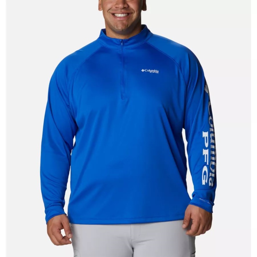 Blue Macaw/White Logo Men's PFG Terminal Tackle 1/4 Zip Pullover Big Columbia Sale