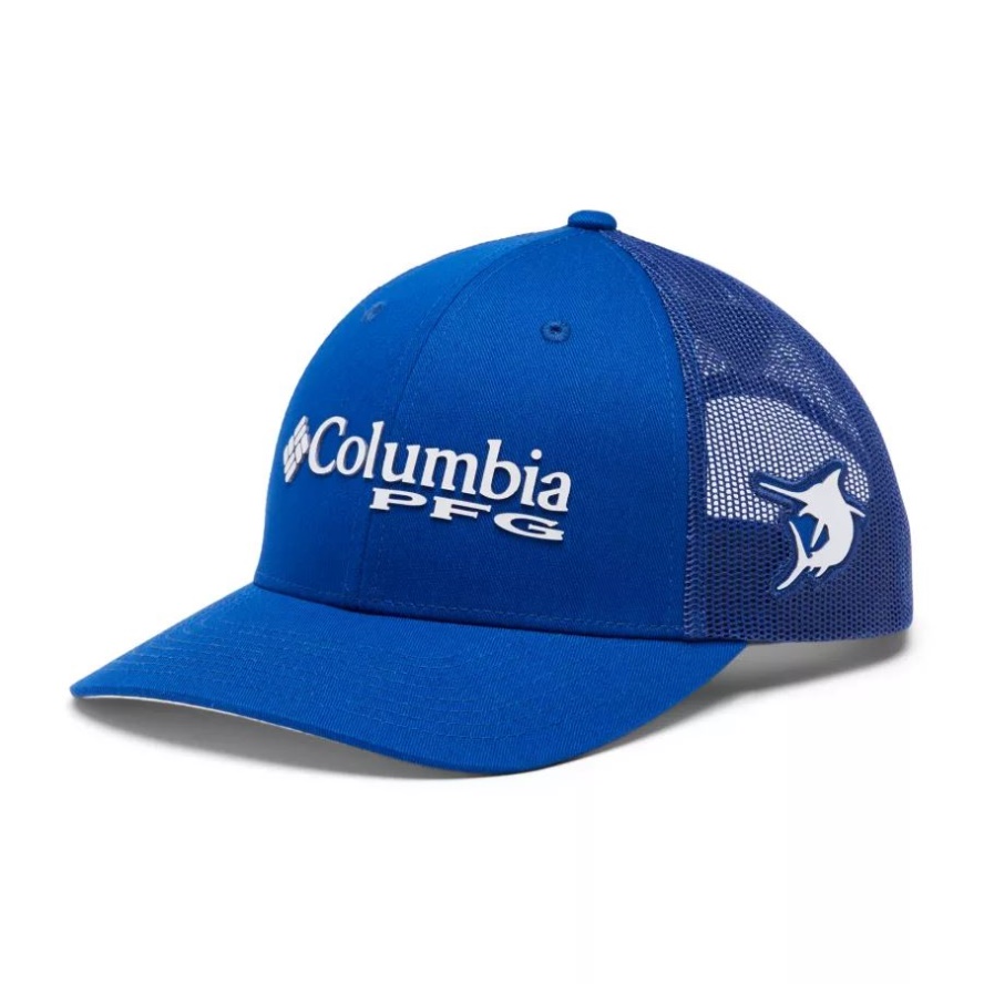 Blue Macaw/White/Marlin Columbia Sale PFG Logo Mesh Snapback Low Crown