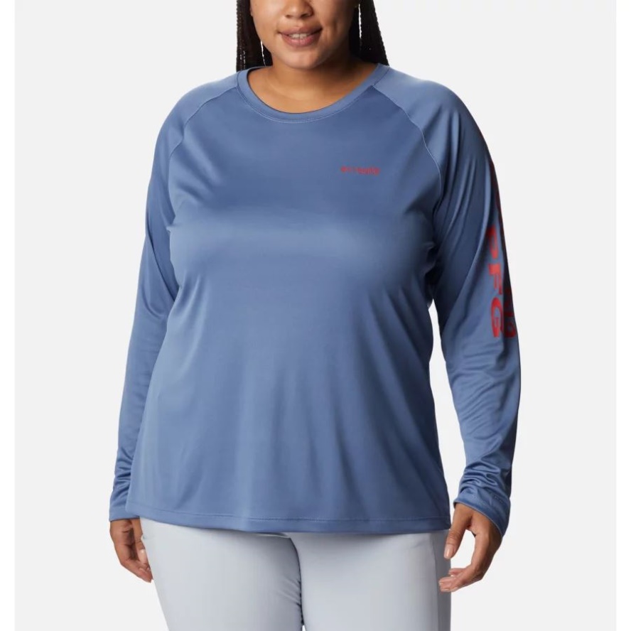Bluestone/Red Spark Logo Columbia Sale Women's PFG Tidal Tee II Long Sleeve Plus Size