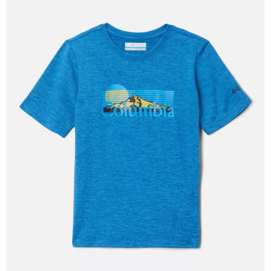 Boys' Mount Echo Short Sleeve Graphic Shirt Columbia Sale Bright Indigo Hthr/Inverted Moonrise