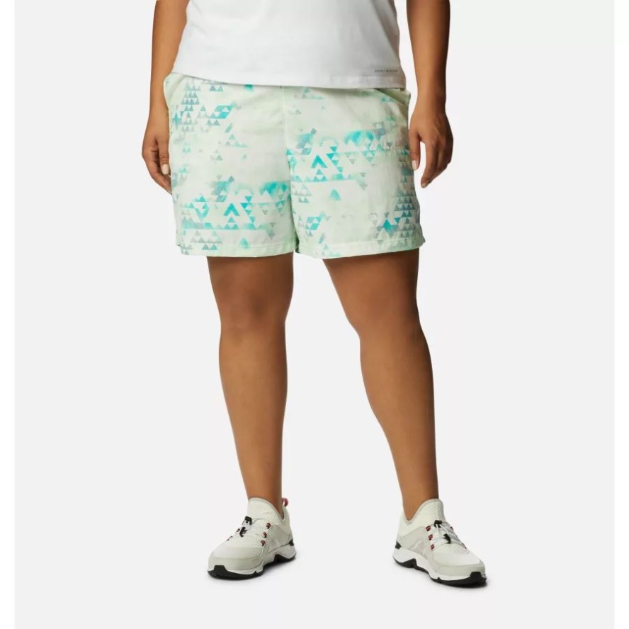 Bright Aqua/Distant Peaks Columbia Sale Women's Sandy River II Printed Shorts Plus Size