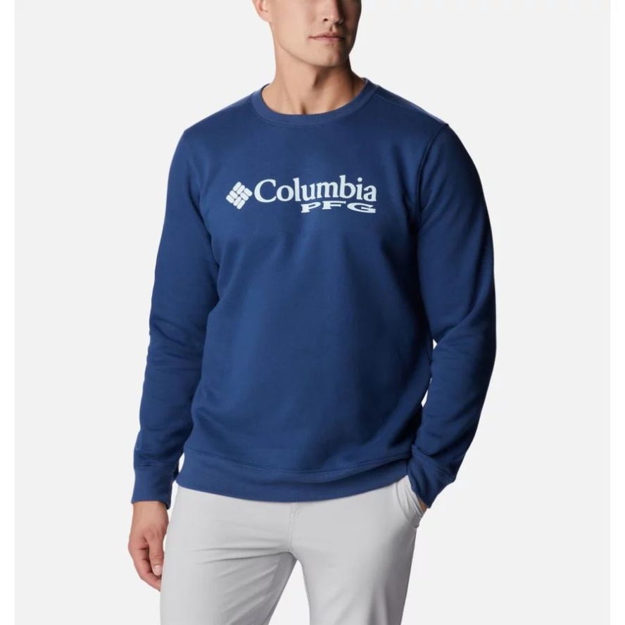 Carbon/Spring Blue Men's PFG Stacked Logo Crew Sweatshirt Columbia Sale