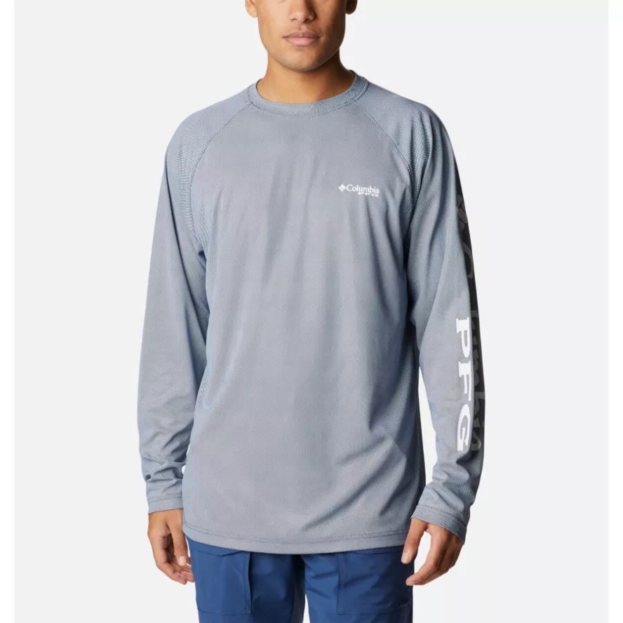 Carbon/White Columbia Sale Men's PFG Terminal Deflector Long Sleeve Shirt Tall