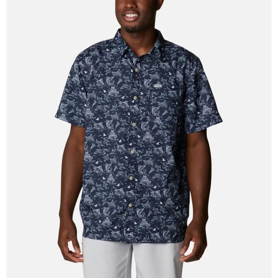 Coll Navy Small Mighty Marlins Print Men's PFG Super Slack Tide Camp Shirt Columbia Sale