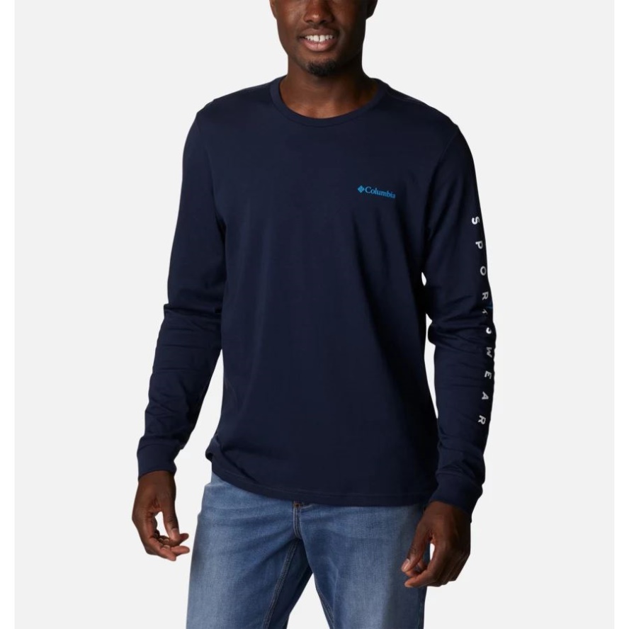 Collegiate Navy/Columbia Sale Stencil Sleeve Columbia Sale Men's CSC Basic Logo Long Sleeve Shirt