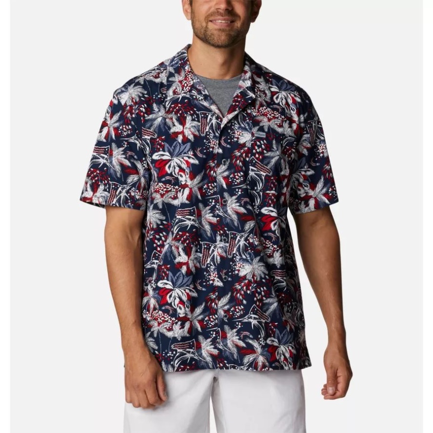 Collegiate Navy Fireworks Fish Print Columbia Sale Men's PFG Trollers Best Short Sleeve Shirt