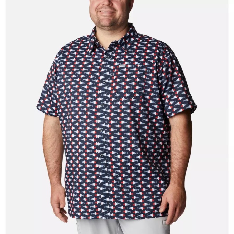Collegiate Navy Fish Bobber Print Men's PFG Super Slack Tide Camp Shirt Big Columbia Sale