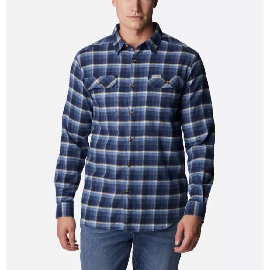 Collegiate Navy Shadow Plaid Columbia Sale Men's Flare Gun Stretch Flannel Shirt
