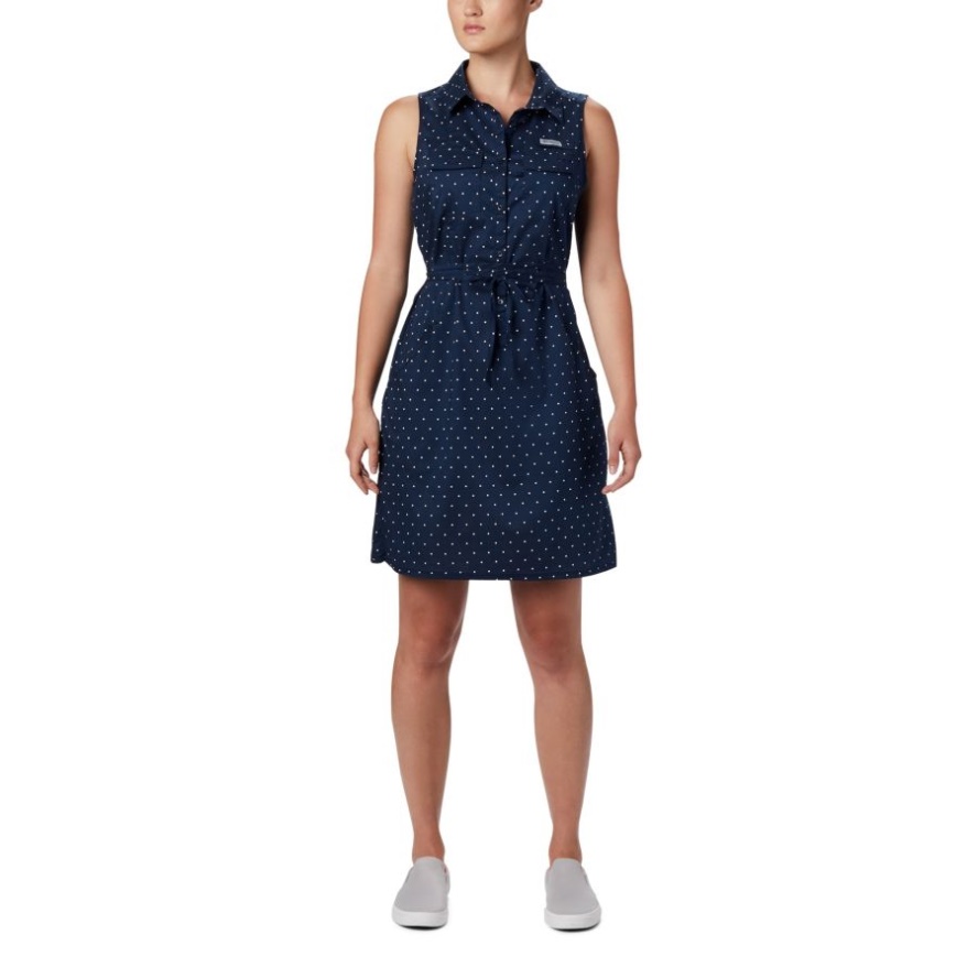 Collegiate Navy Swiss Dot Women's PFG Bonehead Stretch Sleeveless Dress Columbia Sale