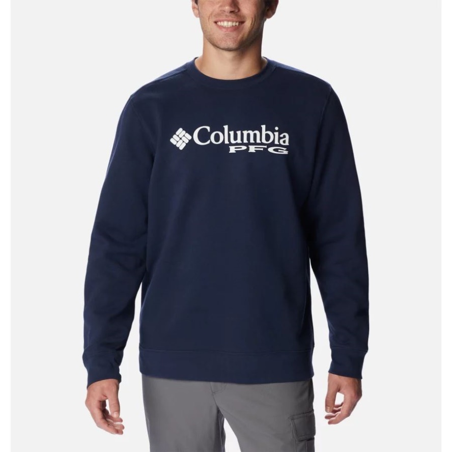 Collegiate Navy/White Columbia Sale Men's PFG Stacked Logo Crew Sweatshirt