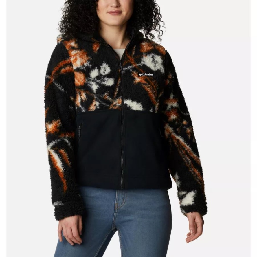 Columbia Sale Black Fallgrass Print/Black Women's Winter Pass Sherpa Hooded Full Zip Fleece Jacket