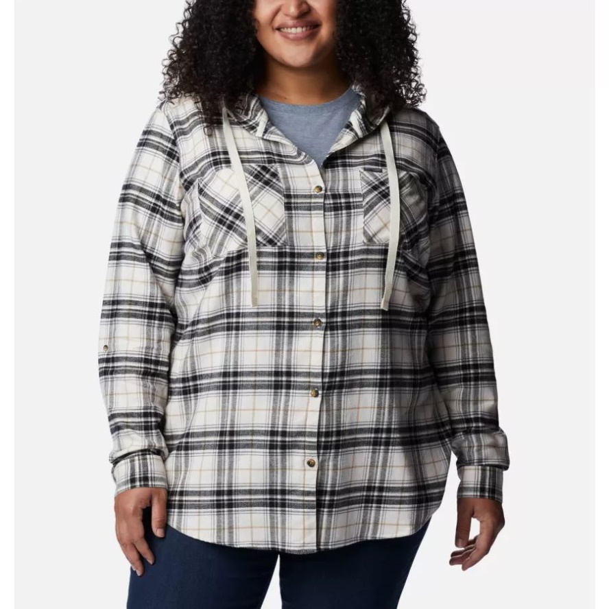 Columbia Sale Black Multi Tartan Women's Anytime Stretch Hooded Long Sleeve Shirt Plus Size