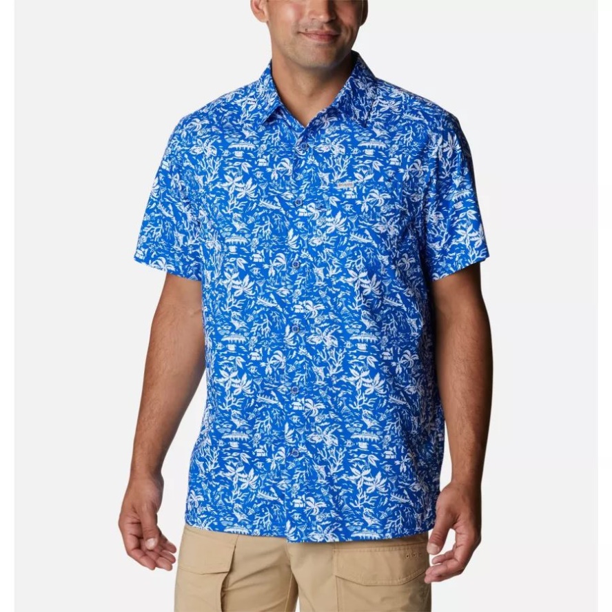 Columbia Sale Blue Macaw Kona Print Men's PFG Super Slack Tide Camp Shirt