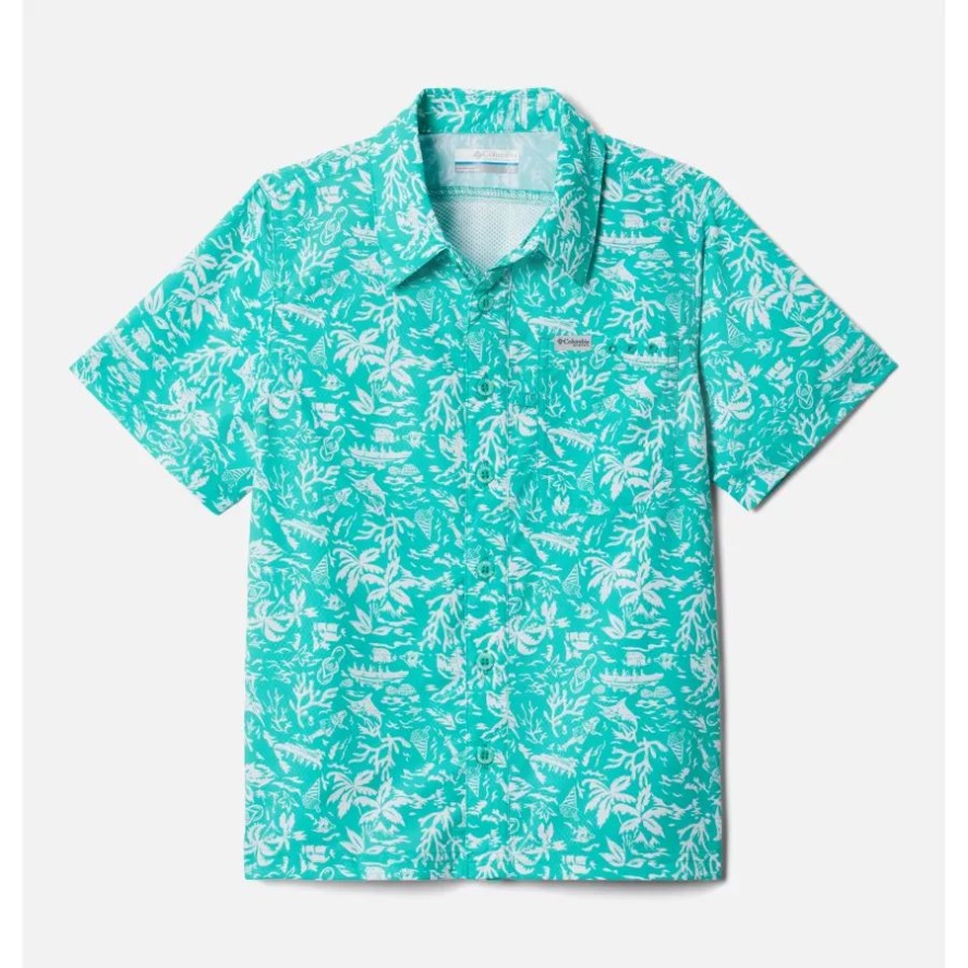 Columbia Sale Boys' PFG Super Slack Tide Short Sleeve Camp Shirt Electric Turquoise Kona