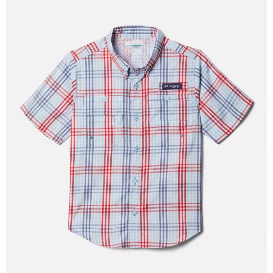 Columbia Sale Boys' PFG Super Tamiami Short Sleeve Shirt Bluestone Blanket Gingham