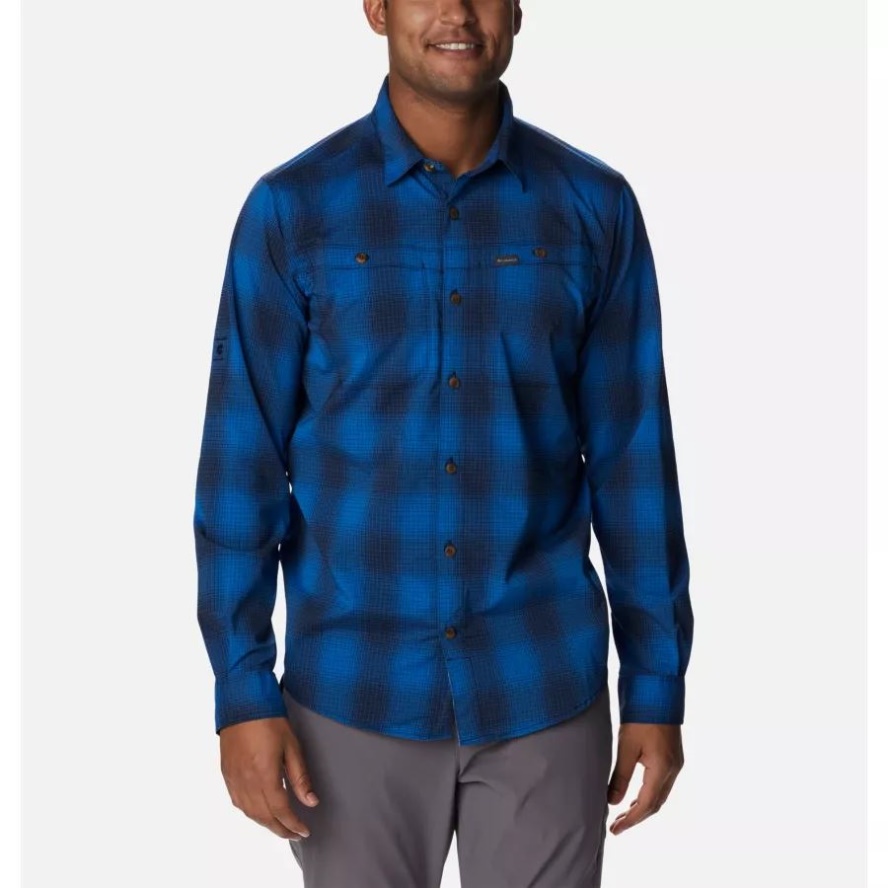 Columbia Sale Brand Men's Newton Ridge II Plaid Long Sleeve Shirt Bright Indigo Soft Ombre