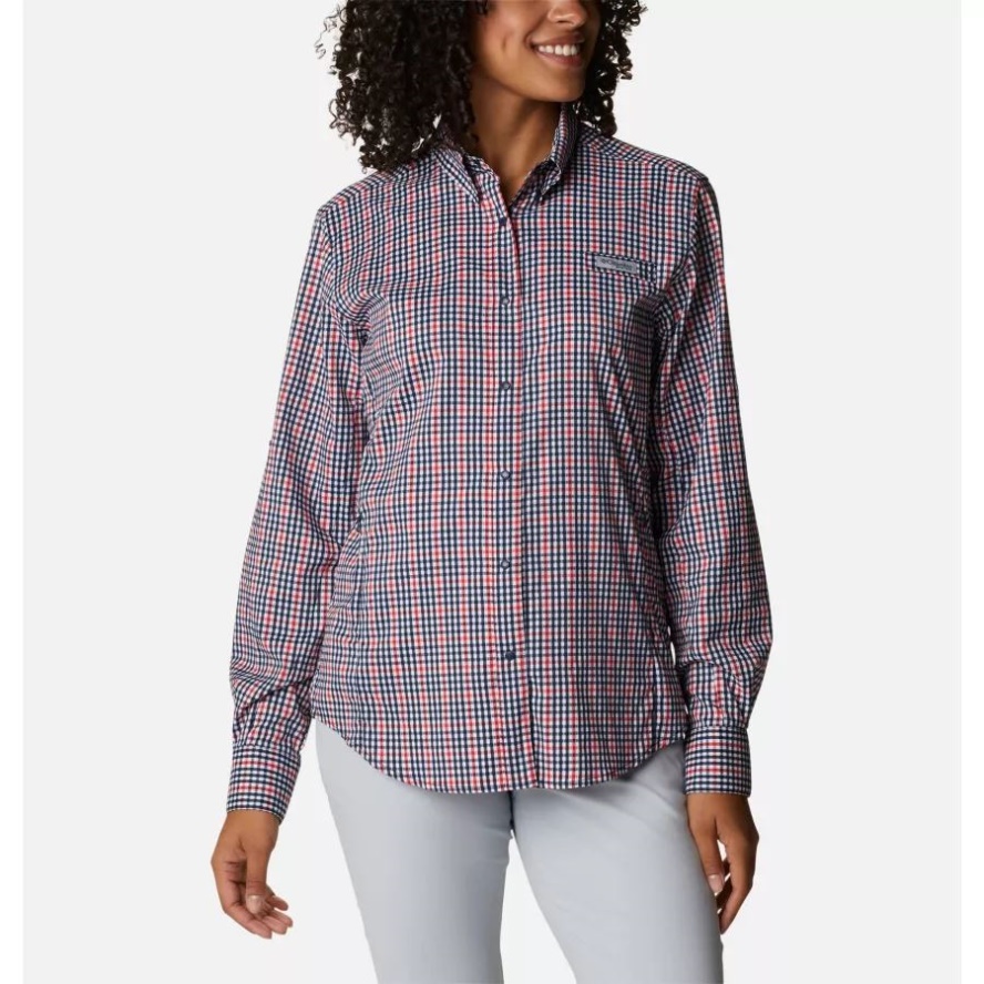 Columbia Sale Collegiate Navy Gingham Women's PFG Super Tamiami Long Sleeve Shirt
