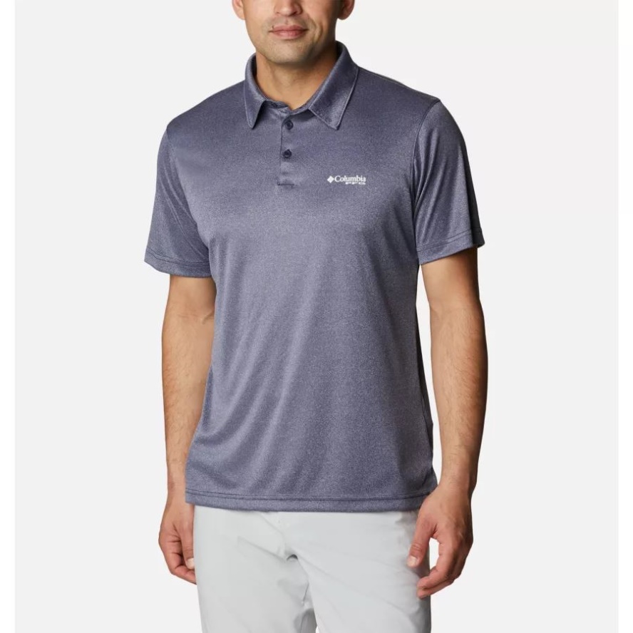 Columbia Sale Collegiate Navy Heather/White Logo Men's PFG Terminal Tackle Heather Polo