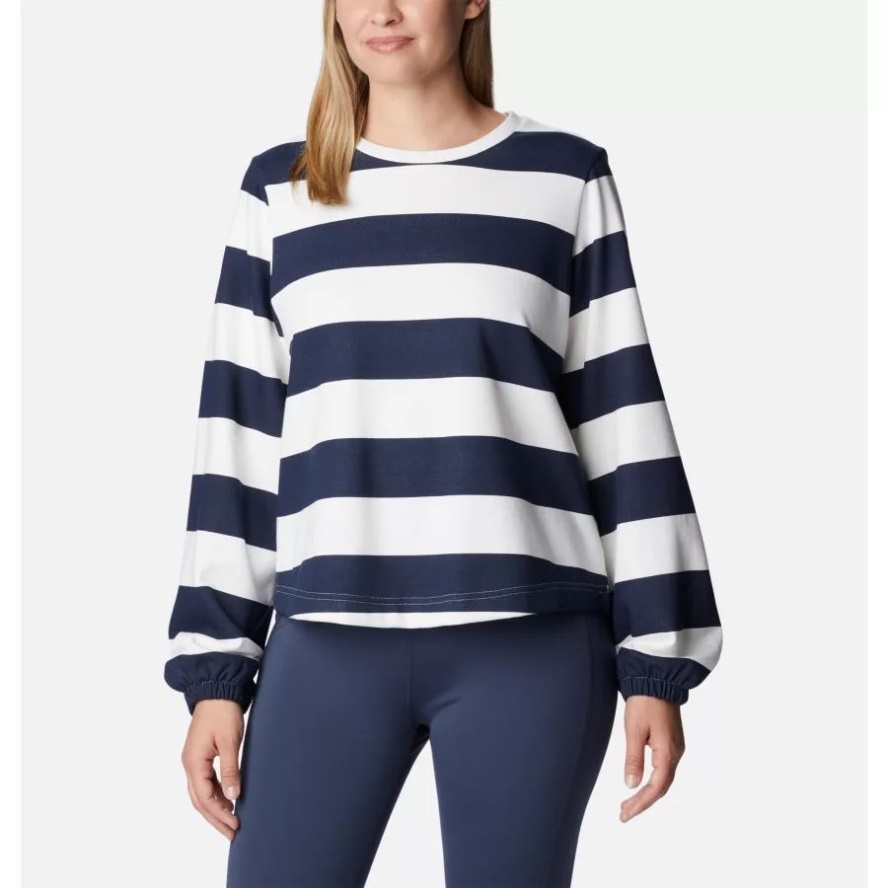 Columbia Sale Collegiate Navy/Rugby Stripe Women's Columbia Sale Trek French Terry Graphic Crew