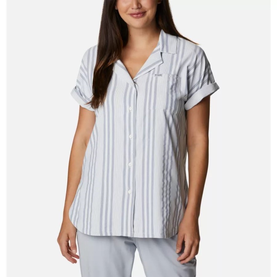 Columbia Sale Collegiate Navy Stripe Women's Sun Drifter Woven Short Sleeve Shirt