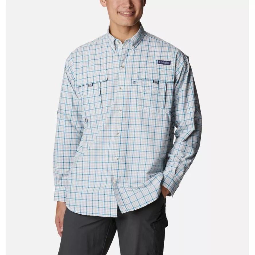 Columbia Sale Cool Grey Gingham Grid Men's PFG Super Bahama Long Sleeve Shirt