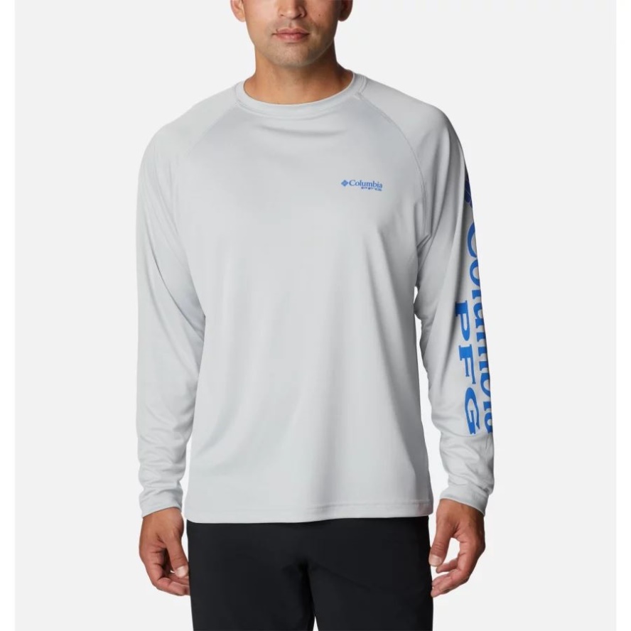 Columbia Sale Cool Grey/Vivid Blue Logo Men's PFG Terminal TackleLong Sleeve Shirt Tall