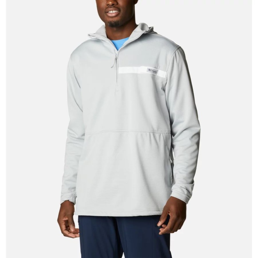 Columbia Sale Cool Grey/White Men's PFG Skiff Guide Hooded Half Zip Fleece Pullover