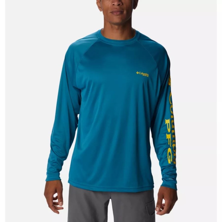 Columbia Sale Deep Marine/Laser Lemon Logo Men's PFG Terminal Tackle Long Sleeve Shirt