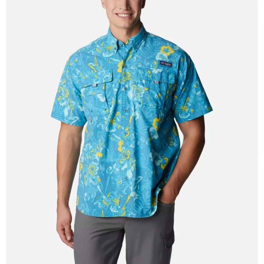 Columbia Sale Deep Marine Marlin Tropic Print Men's PFG Super Bahama Short Sleeve Shirt
