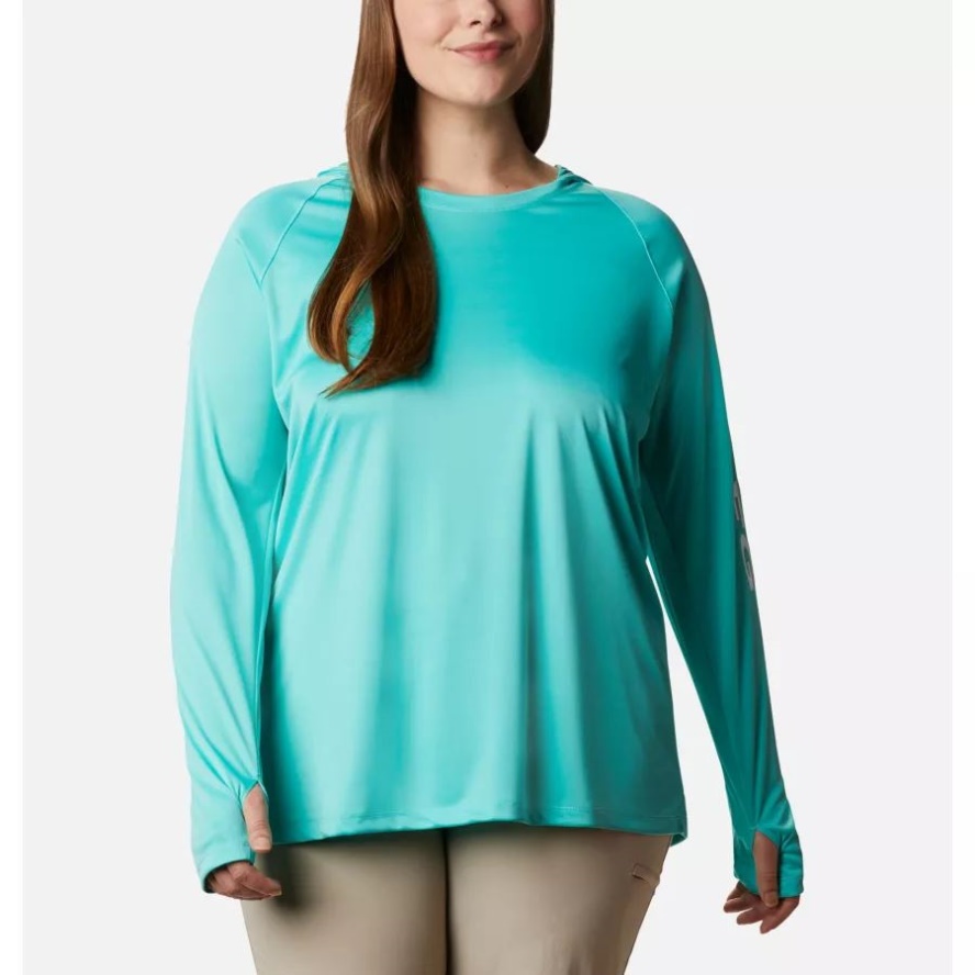 Columbia Sale Dolphin/White Logo Women's PFG Tidal Tee Hoodie Plus Size