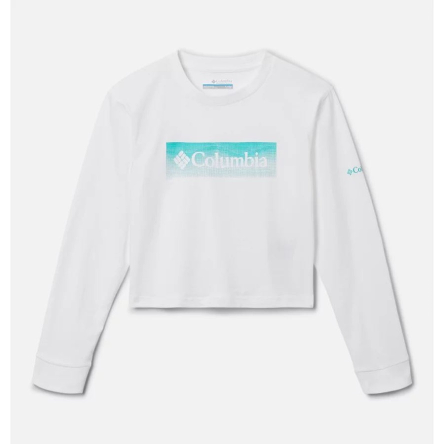 Columbia Sale Girls' Mission Lake Boxy Long Sleeve Shirt White/Framed Halftone Logo Graphic