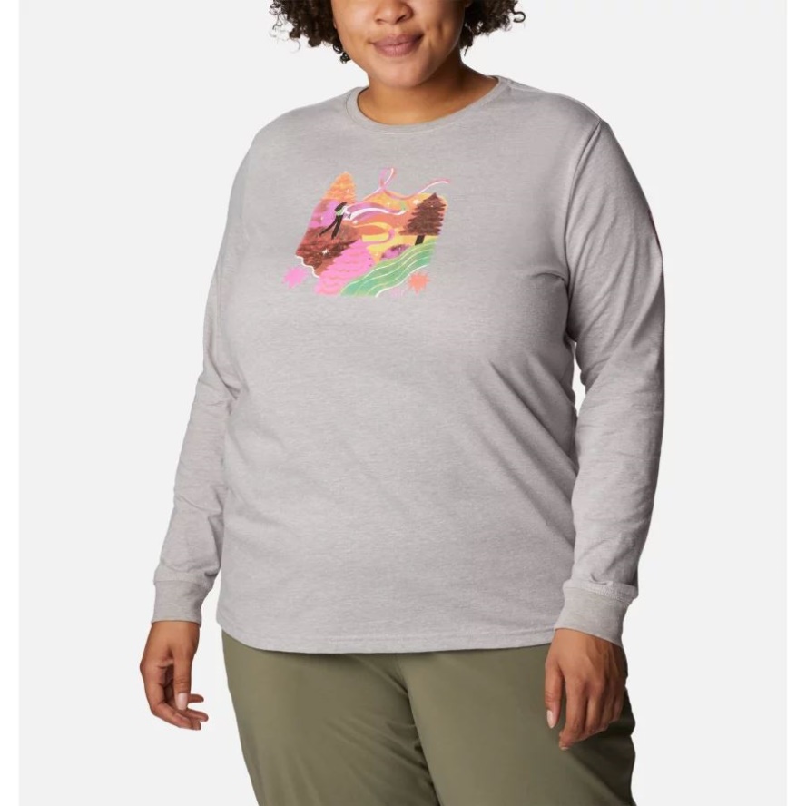 Columbia Sale Grey Heather/Loveis Ribbons Columbia Sale Women's Tested Tough In Pink Graphic Long Sleeve Tee II Plus Size