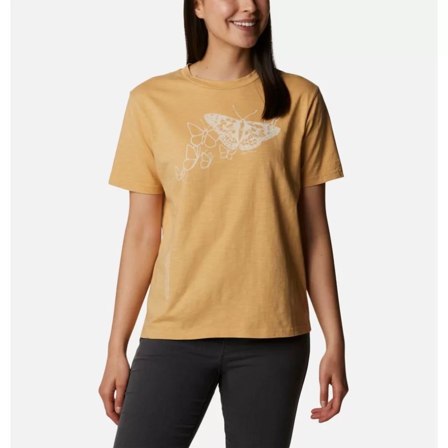 Columbia Sale Light Camel/Graphic Butterfly Women's Break It Down Casual Organic Cotton T-Shirt