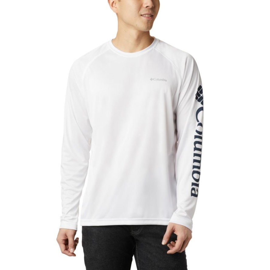 Columbia Sale Men's Fork Stream Long Sleeve Shirt Tall White/Collegiate Navy Logo