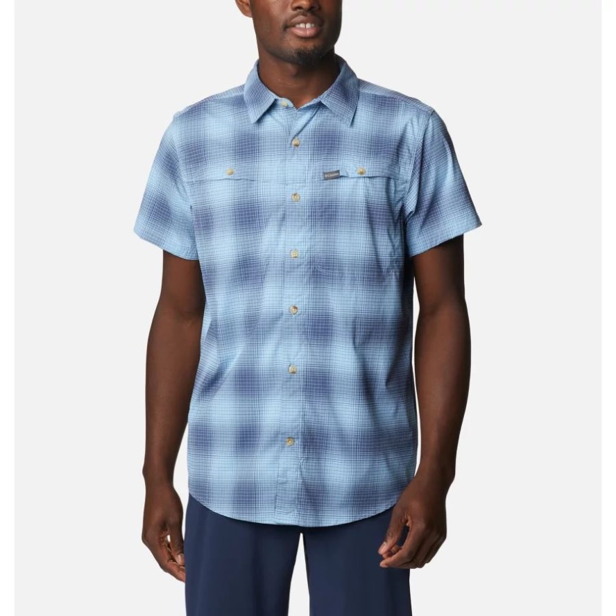 Columbia Sale Men's Newton Ridge Plaid Short Sleeve Shirt Jet Stream Soft Ombre
