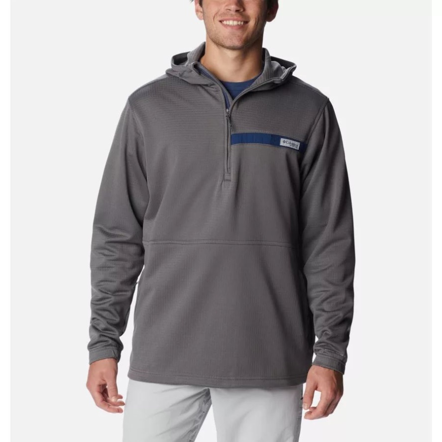Columbia Sale Men's PFG Skiff Guide Hooded Half Zip Fleece Pullover City Grey/Carbon