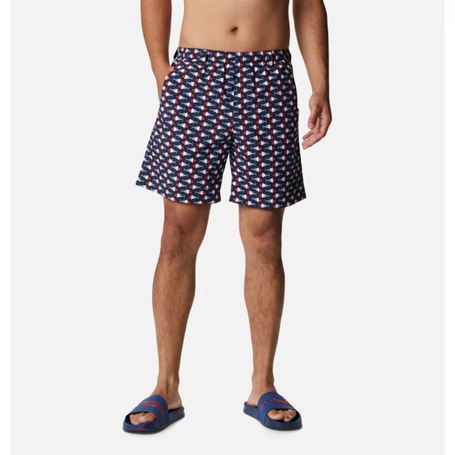 Columbia Sale Men's PFG Super Backcast Water Shorts Collegiate Navy Fish Bobber Print
