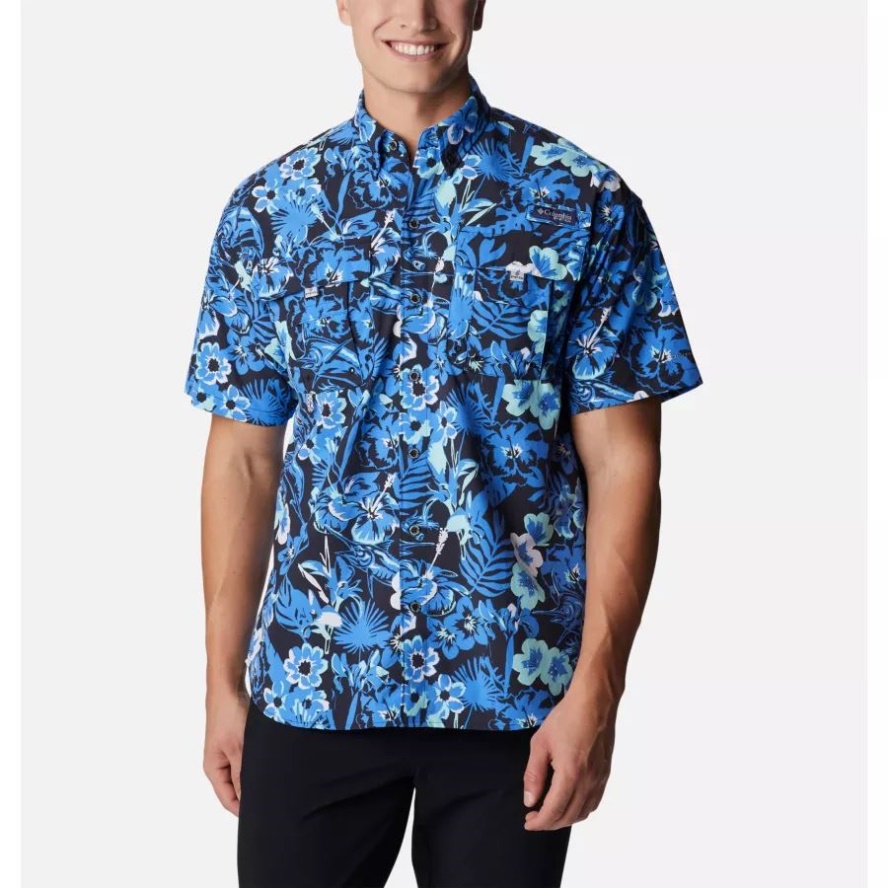 Columbia Sale Men's PFG Super Bahama Short Sleeve Shirt Blue Macaw Marlin Tropic Print