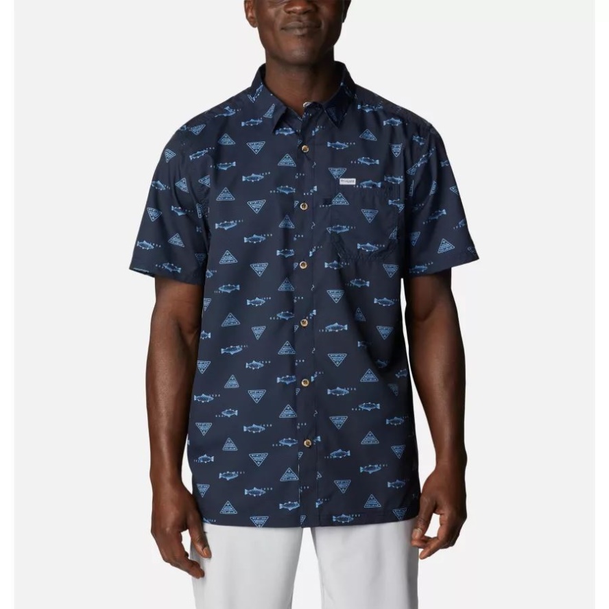 Columbia Sale Men's PFG Super Slack Tide Camp Shirt Collegiate Navy Rivermade