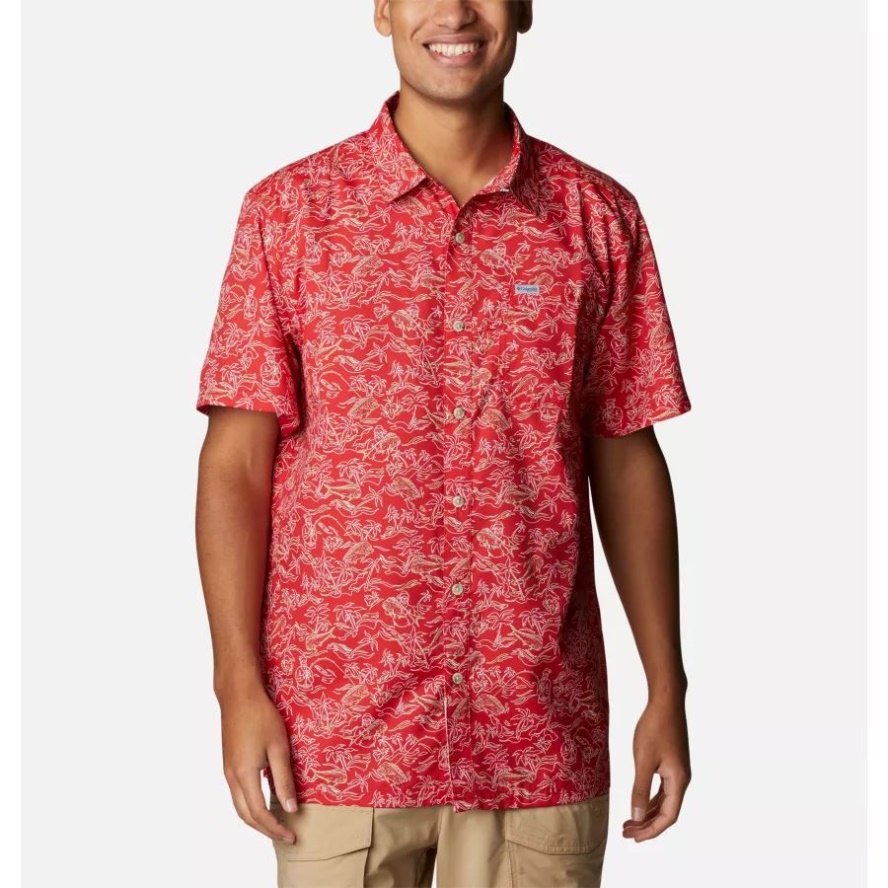 Columbia Sale Men's PFG Super Slack Tide Camp Shirt Red Spark Merry Mahi Print